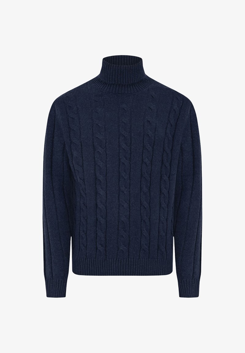 Navyblauwe gebreide coltrui met een kabelbreipatroon, geribbelde manchetten en onderrand, gemaakt van zachte, gestructureerde stof.