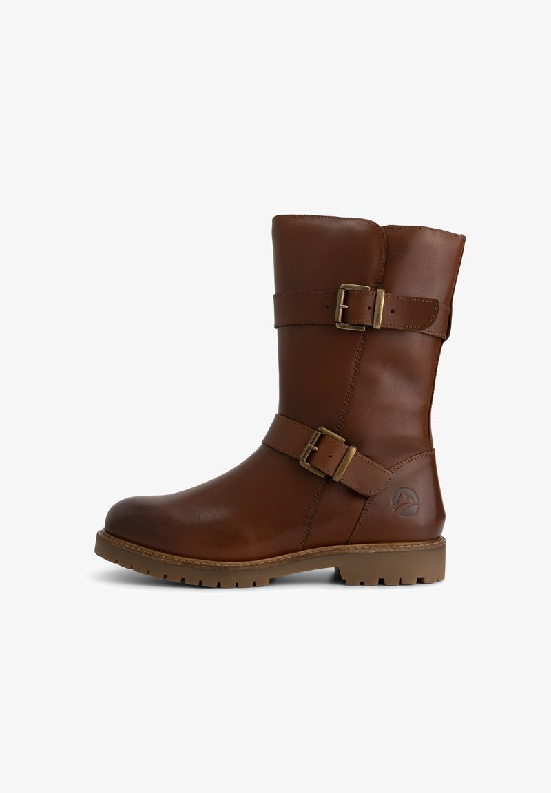 Bruine leren laars tot halverwege de kuit met twee verstelbare messing gespen en een robuuste rubberen zool.