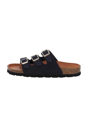 Navy blue suede slide sandal with three adjustable straps, silver buckles, a cork footbed, and a textured black rubber sole.