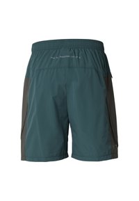 Turkise træningsshorts med elastisk taljebånd, grå sidepaneler, en glat tekstur og et diskret logo på bagsiden.