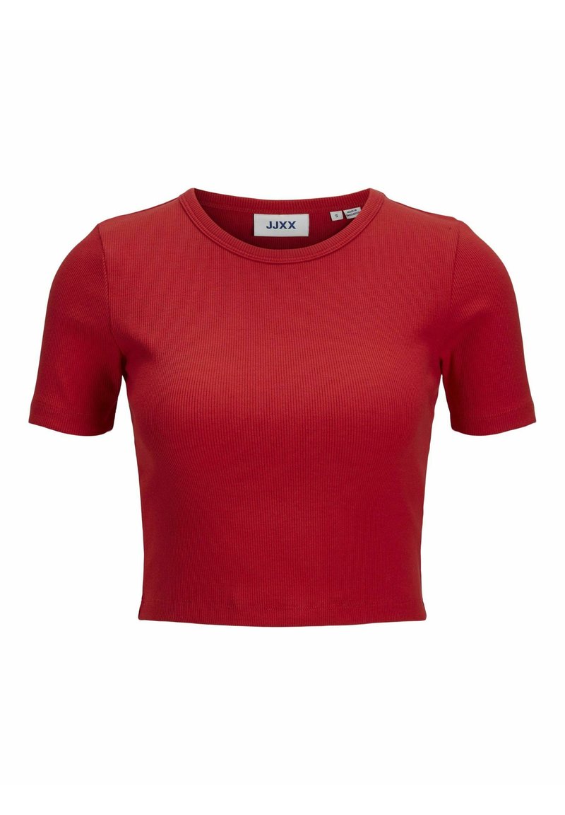 Červený rebrovaný krátky rukávový crop top s okrúhlym výstrihom. Viditeľná visačka vo vnútri uvádza "JJXX," čo označuje značku a veľkosť. Hladká textúra po celom povrchu.