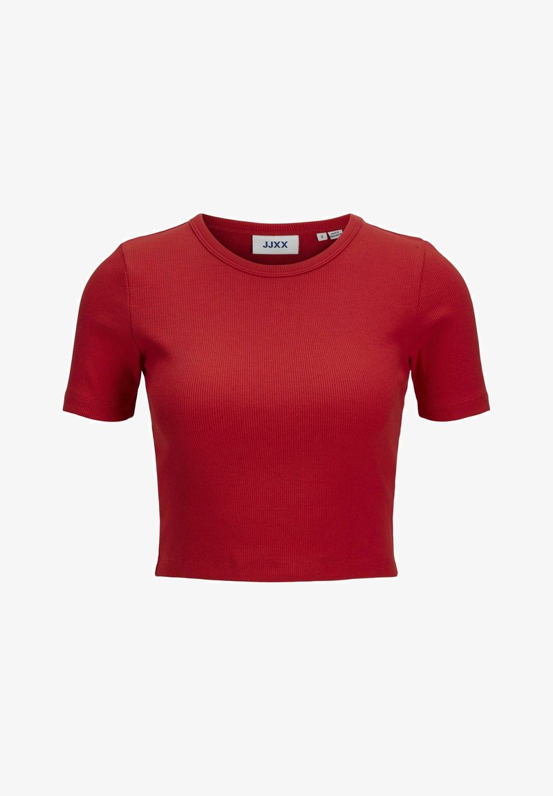 Red ribbed short-sleeve crop top with a round neckline. Tag visible inside reads "JJXX," indicating brand and size. Smooth texture throughout.