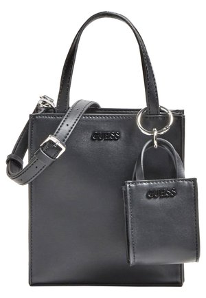 Black Guess handbag with detachable adjustable shoulder strap and small matching keychain purse attached by silver ring.