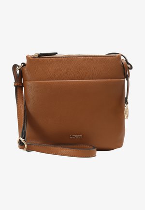 Bruine leren crossbodytas met een textuurrijke afwerking, ritssluiting, voorvak en gouden accenten. Inclusief verstelbare band.
