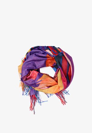 Sciarpa colorata con tonalità di viola, rosso, arancione e blu, decorata con un motivo a foglie. Tessuto morbido con bordi frangiati che aggiungono texture.