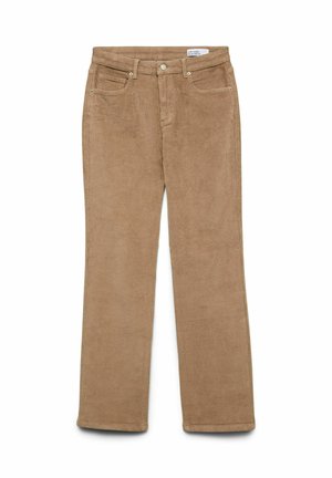 Bruine corduroy broek met een rechte pasvorm, uitgerust met voorzakken, zichtbare stiksels en een gestructureerde afwerking.