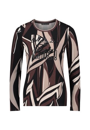 Bluzka z długim rękawem w kolorze czarnym, brązowym i kremowym, z graficznym wzorem liści oraz tekstem pisaną czcionką. Wykonana z miękkiego, elastycznego materiału.