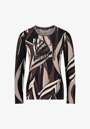 Bluzka z długim rękawem w kolorze czarnym, brązowym i kremowym, z graficznym wzorem liści oraz tekstem pisaną czcionką. Wykonana z miękkiego, elastycznego materiału.
