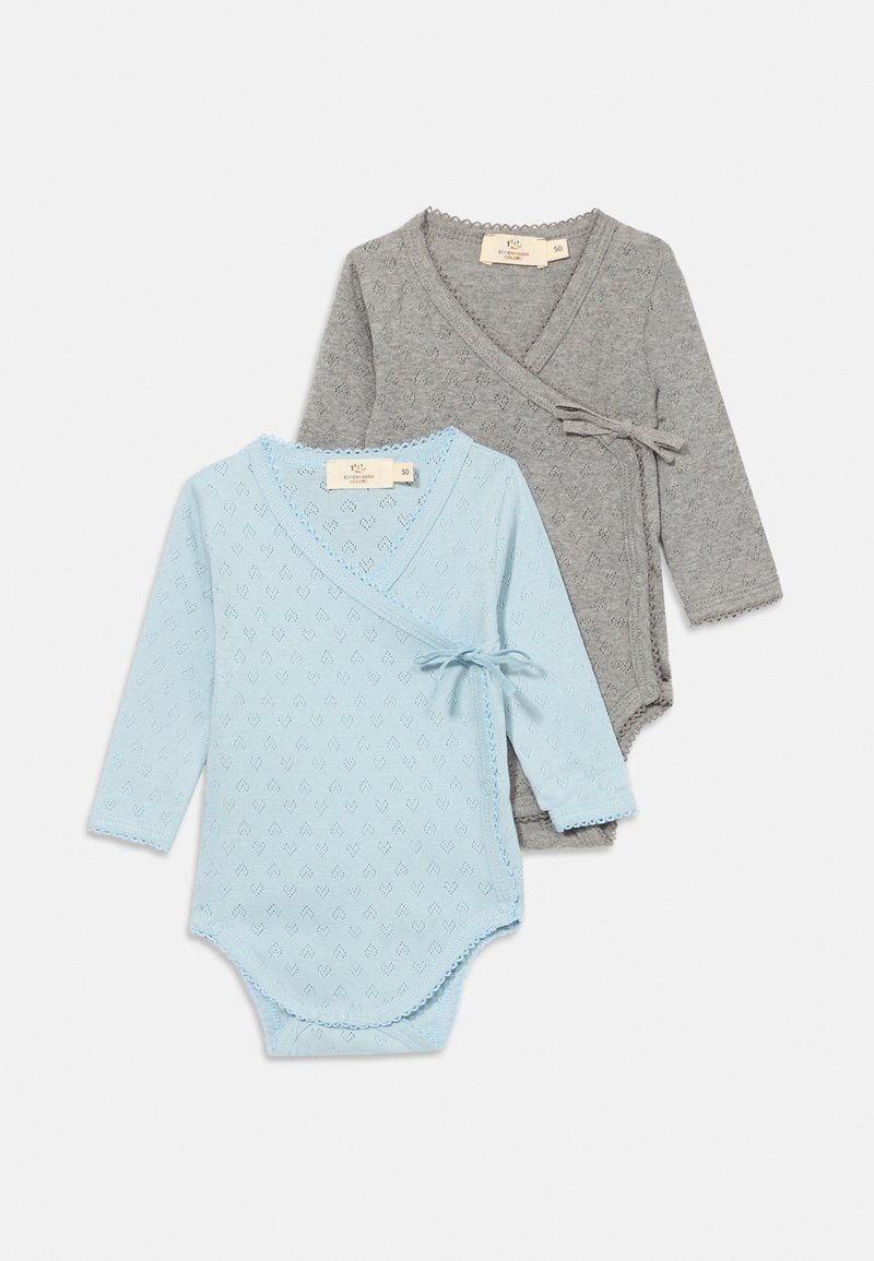 Two long-sleeve bodysuits, one light blue and one gray, in soft cotton with a textured pattern, wrap design, and delicate trim.