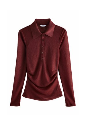Langarm-Polohemd in tiefem Bordeaux mit strukturiertem geripptem Finish, ausgestattet mit einem Kragen, einer Knopfleiste und Drapierungen am Saum.