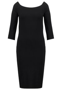 Svart figurnära klänning med rundad halsringning, trekvartsärmar och knälång längd, tillverkad av mjukt, stretchigt tyg.