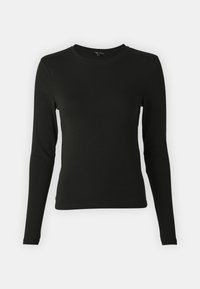 Schwarz langärmliges T-Shirt aus glattem, dehnbarem Stoff. Hat einen runden Ausschnitt und eine figurbetonte Passform, ohne sichtbare Muster oder Akzente.