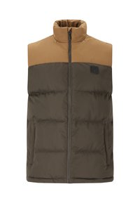 Padded sleeveless vest with a brown upper and dark olive green lower. Features a high collar and front zipper with pockets on the sides.