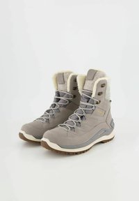 Graue wasserdichte Stiefel mit Kunstfellfutter, Schnürdesign, Gummisohle und gepolstertem Kragen. Mit Metallösen und Logodetail.