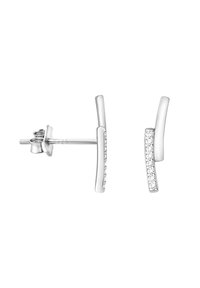 Orecchini in argento con design a barra curvata, caratterizzati da una fila di cristalli trasparenti lungo un lato e una chiusura a perno.