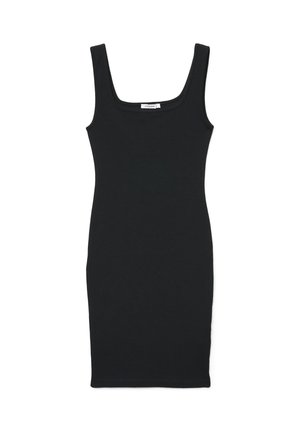 Vestito nero senza maniche aderente con scollatura quadrata e silhouette sagomata, lunghezza al ginocchio, mostrato disteso su sfondo bianco.