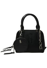 Czarna torebka teksturowa z zaokrąglonymi uchwytami, dołączonym okrągłym etui na monety oraz srebrnymi zawieszkami z logo z przodu i na bocznej łańcuszku.