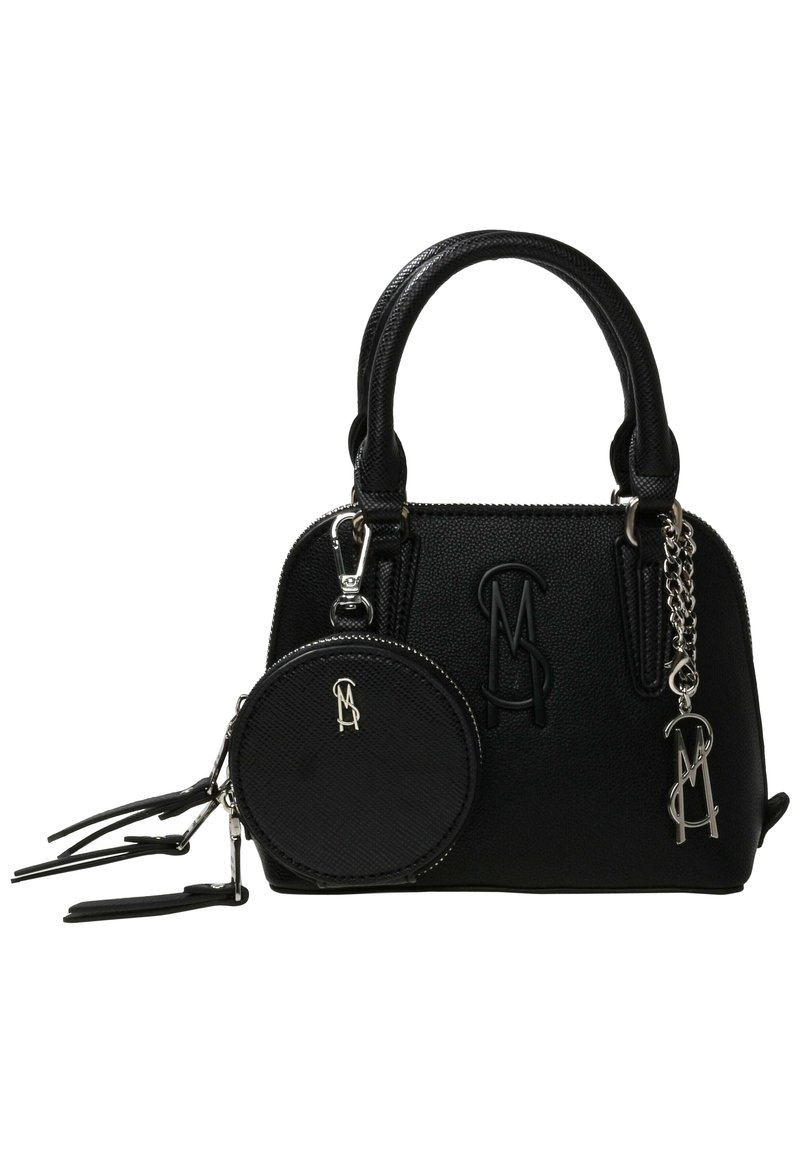 Czarna torebka teksturowa z zaokrąglonymi uchwytami, dołączonym okrągłym etui na monety oraz srebrnymi zawieszkami z logo z przodu i na bocznej łańcuszku.