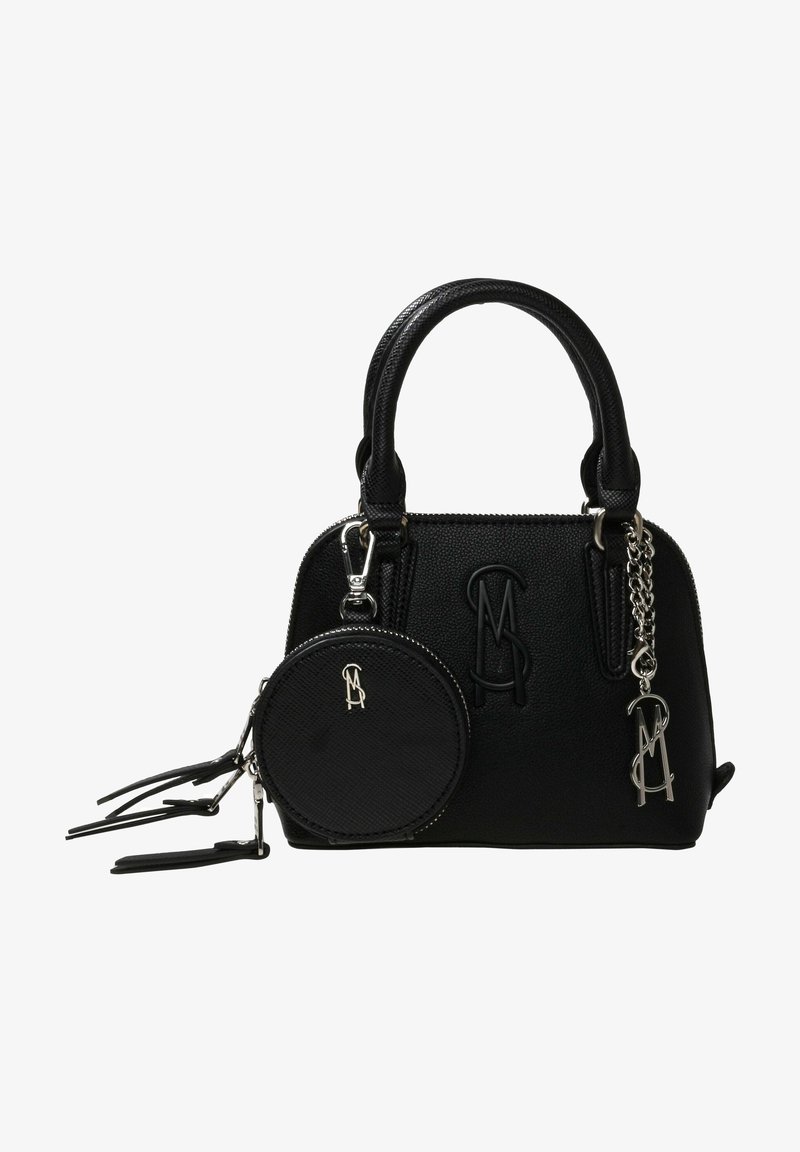 Czarna torebka teksturowa z zaokrąglonymi uchwytami, dołączonym okrągłym etui na monety oraz srebrnymi zawieszkami z logo z przodu i na bocznej łańcuszku.