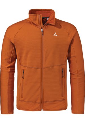 Orangene Zip-Jacke aus strukturiertem Stoff, mit Stehkragen und zwei seitlichen Reißverschlusstaschen. Weißes Logo auf der linken Brust.
