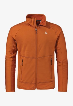 Orangene Zip-Jacke aus strukturiertem Stoff, mit Stehkragen und zwei seitlichen Reißverschlusstaschen. Weißes Logo auf der linken Brust.