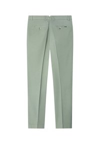 Pantalon pour homme vert clair avec passants pour ceinture, deux poches passepoilées à l'arrière avec boutons, coupe droite, vu de dos.