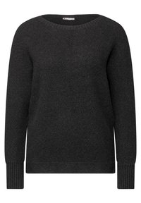 Schwarzer Strickpullover mit einem runden Halsausschnitt, langen Ärmeln und gerippten Bündchen. Besitzt ein strukturiertes, gewebtes Muster im gesamten Stoff.
