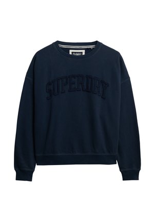 Sudadera azul marino con el logotipo "SUPERDRY" bordado en un diseño curvado. Cuenta con cuello redondo y puños y dobladillo acanalados. Material de algodón suave.