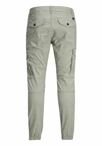 Pantalon cargo gris clair avec poches arrière boutonnées, poches latérales à rabat et poignets élastiques aux chevilles, vu de dos.