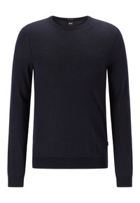 Marinblå, långärmad tröja i mjukt material. Har en rund halsringning och ribbad ärmslut och nederkant. Diskret varumärkesetikett på sidan.