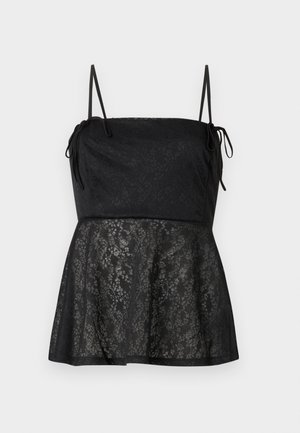 Robe noire sans manches avec fines bretelles, corsage ajusté et jupe évasée présentant un subtil motif en dentelle florale.