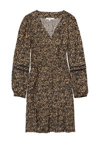 Vestido negro con un patrón floral en beige, con escote en V, mangas largas, cintura fruncida y falda en capas. Tejido texturizado con un brillo sutil.