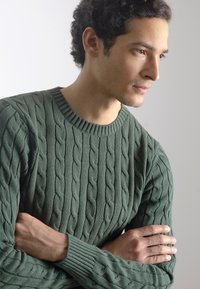 Suéter verde de punto con un patrón de trenzas, escote redondo, puños y dobladillo acanalados. El modelo posa con los brazos cruzados frente a un fondo sencillo.