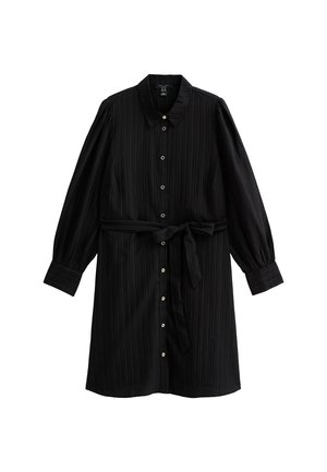 Zwart gestreepte hemdjurk met lange puffmouwen, knoopsluiting aan de voorkant, kraag en een bijpassende stoffen riem in de taille. Zachte textuur.