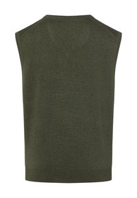 Maglione senza maniche verde oliva scuro, collo e orlo a coste, realizzato in morbido tessuto a maglia con una trama liscia e uniforme.
