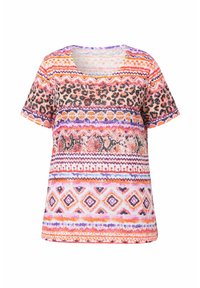Korte ærmer t-shirt med et livligt, multikolor mønster med striber, leopardpletter og geometriske designs i pink, orange og lilla.