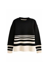 Pull noir avec des rayures crème et noires horizontales au bas et aux manches. Col et poignets côtelés avec une coupe décontractée.