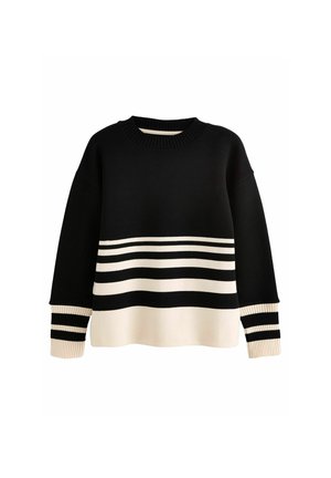 Sort sweater med horisontale cremede og sorte striber ved kanten og ærmerne. Ribbet halsudskæring og manchetter med en afslappet pasform.