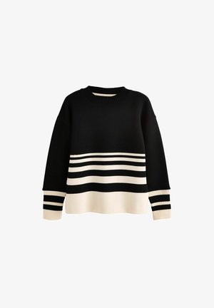 Pull noir avec des rayures crème et noires horizontales au bas et aux manches. Col et poignets côtelés avec une coupe décontractée.