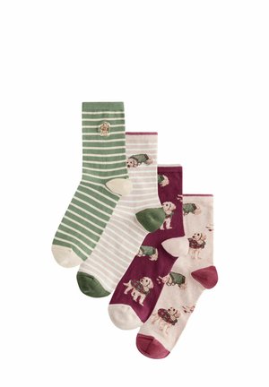 Vier Paar Knöchelsocken mit Hundedesigns; zwei Paare haben Streifen, zwei Paare zeigen kleine Hundemotive in Grün, Weiß, Bordeaux und Beige.