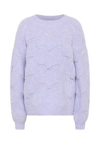 Lila gestrickter Pullover mit einem strukturierten Wellenmuster, Rundhalsausschnitt und langen Ärmeln. Weiches Material und lockere Passform.