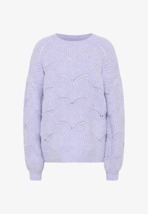 Liliowy sweter z dzianiny, z teksturowanym wzorem fal, okrągłym dekoltem i długimi rękawami. Miękki materiał i luźny krój.