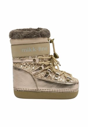 Botte d'hiver enfant en or métallique avec accents pailletés, lacets beige, doublure en fourrure et marquage "mikk-line" sur le côté.
