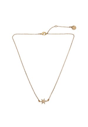 Delicate gouden ketting met een kleine stervormige hanger versierd met heldere edelstenen en een karabijnsluiting met verlengketting.