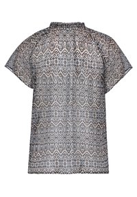 Lichte blouse met patroon in grijs- en beigetinten. Heeft een gathered halslijn en korte wijde mouwen met een geometrisch ontwerp.