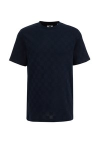 Navy blue short-sleeve crew neck T-shirt with subtle checkered textured pattern throughout the fabric.