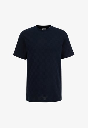 Tmavě modré tričko s krátkým rukávem a kulatým výstřihem, s jemným kostkovaným texturovým vzorem po celém materiálu.