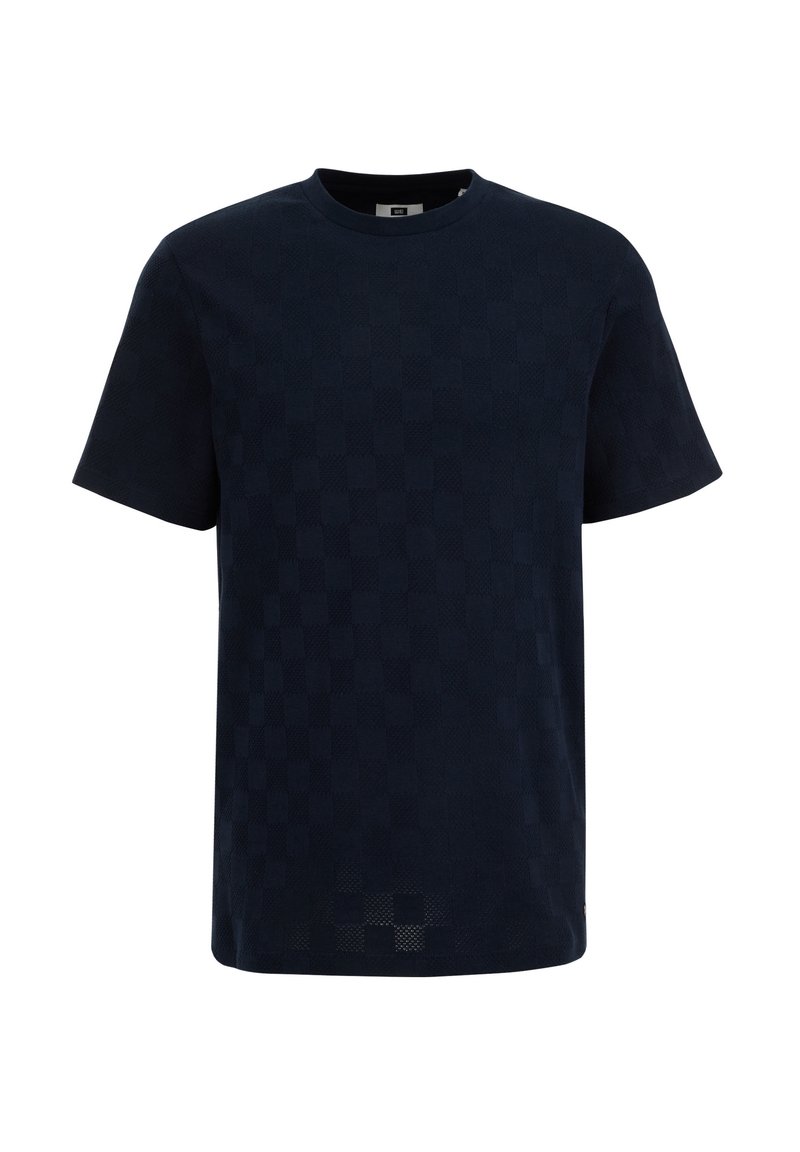 Navy blue short-sleeve crew neck T-shirt with subtle checkered textured pattern throughout the fabric.
