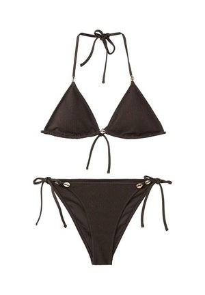 Bikini marrón oscuro texturizado con top de triángulo y braguitas con lazos laterales, cada pieza decorada con pequeños detalles de conchas.