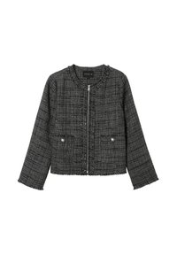 Schwarze und weiße Tweed-Jacke mit gekürztem Schnitt, fransigem Saum, silbernem Reißverschluss und zwei vorderen Taschen mit metallischen Knöpfen. Runder Halsausschnitt.